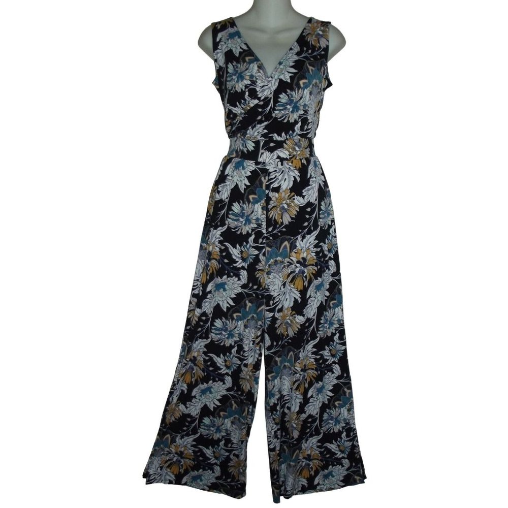 G Giuliana XST Stretch Knit Jumpsuit high waist wide leg black floral (xs tall)